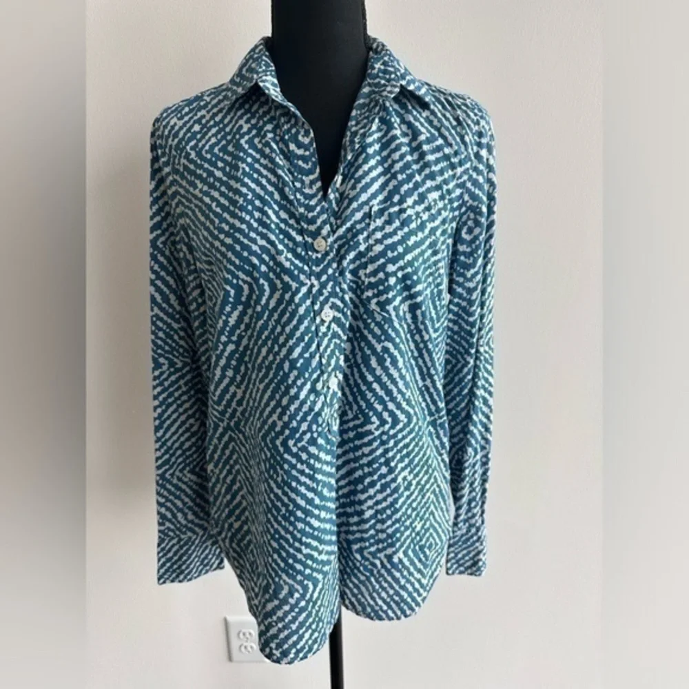 J.Crew Teal Patterned Half Button-up